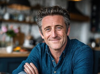 Fototapeta premium Middle-aged man with curly hair, wearing a blue shirt, smiles warmly while seated at a cozy cafe table, showcasing a friendly and inviting atmosphere for social interaction