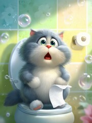 Obraz premium Un gato gris y esponjoso está sentado en un inodoro con una expresión de sorpresa en su rostro.