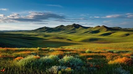 Lush Green Hills and Vibrant Wildflowers Under a Clear Blue Sky at Sunrise in an Expansive Natural Landscape