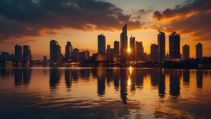 Urban skyline at sunset with glowing orange reflections on calm river or bay, modern city buildings illuminated by golden light, cinematic atmosphere, ideal for travel, architecture, and lifestyle sto