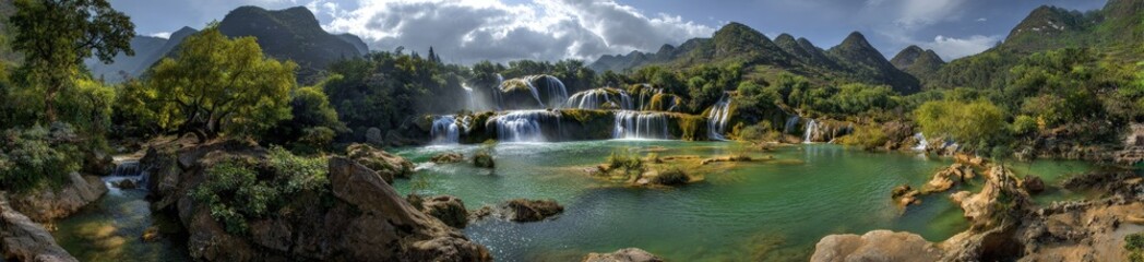 Fototapeta premium Lush waterfall cascading into a tranquil pool, surrounded by mountains and greenery
