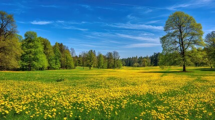 Vibrant Meadow Scene with Bright Yellow Flowers and Lush Green Trees Under a Clear Blue Sky
