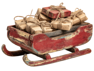 Rustic red wooden sleigh loaded with wrapped Christmas gifts tied with twine isolated on transparent background, vintage festive decoration symbolizing holiday joy, tradition, and winter celebration