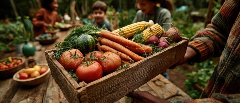 Freshly harvested vegetables in a wooden crate, including tomatoes, carrots, corn, and squash, surrounded by lush greenery and children enjoying the outdoor garden experience