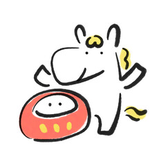 かわいい達磨と笑顔で喜ぶ白馬　正月素材・墨絵