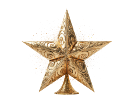 Golden ornate star tree topper with decorative swirl pattern isolated on transparent background, elegant Christmas ornament symbolizing holiday celebration, festivity, and shining seasonal beauty