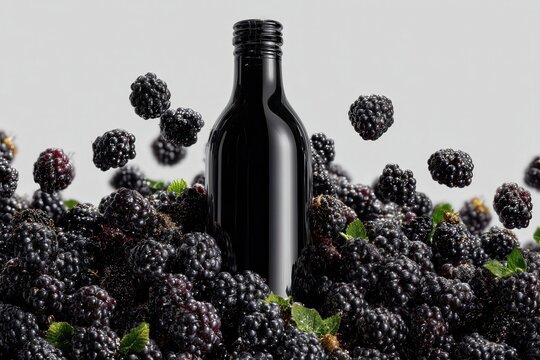 Una botella de vino emerge de un mar de moras frescas.