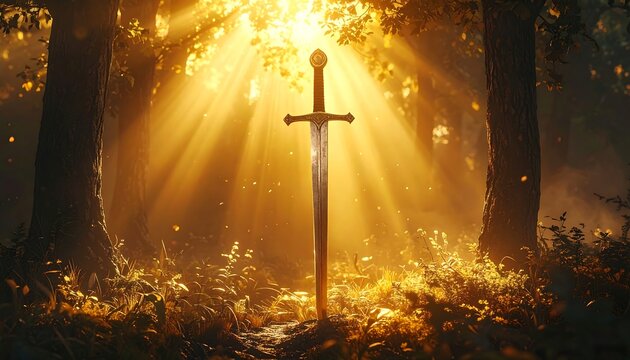 Sword in a sunlit forest
