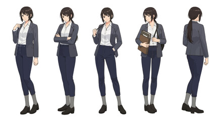 Obraz premium Anime-style illustration of a professional young woman in various poses and perspectives, showing