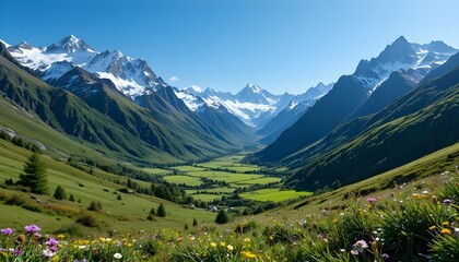 Lush green valley surrounded by snow-covered mountains, clear blue sky, wildflowers in foreground, detailed natural textures, peaceful atmosphere, ideal for adventure and outdoor tourism concepts
