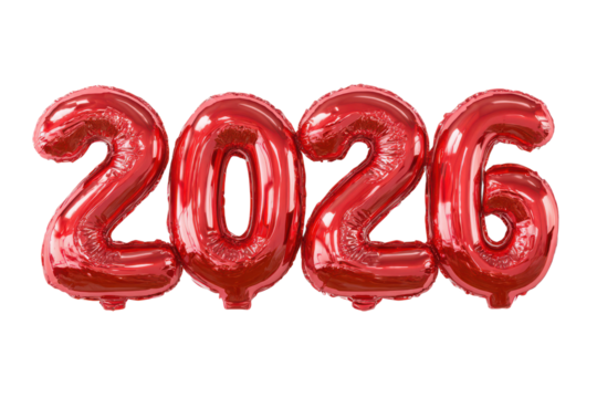 Red metallic balloon numbers forming 2026 isolated on transparent background, festive party decoration symbolizing New Year celebration, holiday excitement, and joyful modern event design