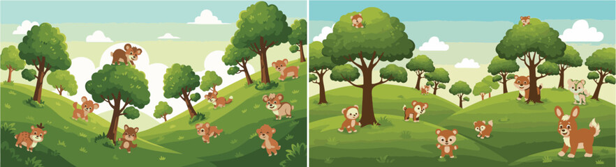 Vector Illustration of Cute Woodland Animals on Green Rolling Hills