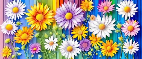 Obraz premium Vibrant collection of multicolored daisy flowers in full bloom on purple background. Spring garden floral panorama with white, yellow, pink and orange blossoms. Perfect for nature and seasonal designs