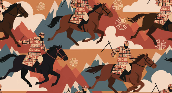 Seamless Buzkashi Training Pattern &ndash; Stylized Afghan Riders & Horses in Earthy Minimalist Vector Tile