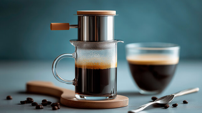 Hot black coffee brewing in a glass mug with stainless steel Vietnamese drip filter on wooden tray, beans and spoon nearby - Powered by Adobe