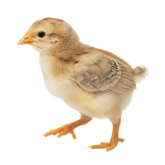 Obraz premium Cute yellow chick walking on a white surface. Ideal for spring or easter themed designs, this adorable yellow chick would be great for children's books, greeting cards, or websites.