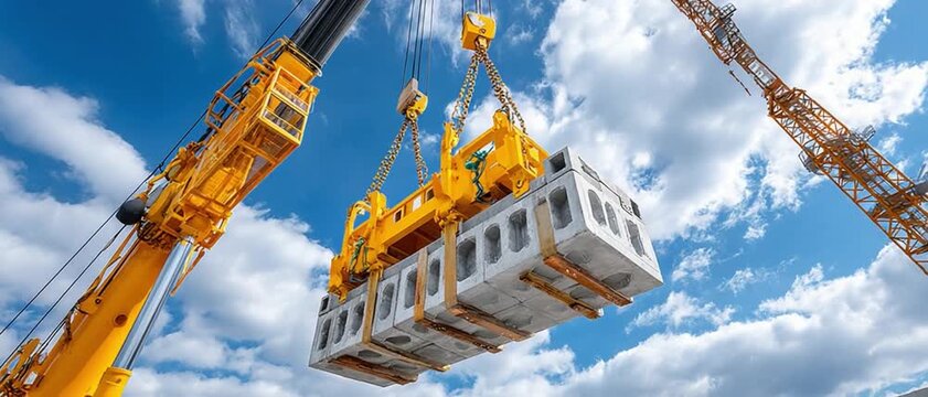Crane and Structure: A dynamic view captures a construction scene with a robust crane expertly lifting a precast concrete structure, highlighting precision, engineering and the process of progress.