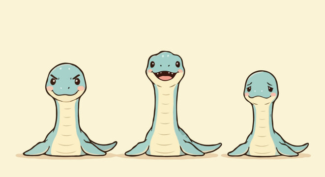Three cute cartoon blue plesiosaurs dinosaurus with different emotions
