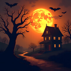 A spooky Halloween scene depicts a haunted house under a full moon. Silhouetted bats fly above the eerie landscape.