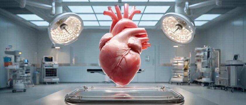 Heart in the Operating Room: A striking, anatomically correct human heart levitates above a sterile operating table in a surgical room, illuminated by overhead surgical lights.