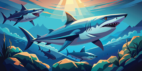 Cartoon megalodon sharks swimming in the ocean with sunlight shining through the water