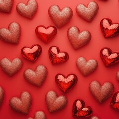 Obraz premium Overhead Luxury Red Pattern: Glitter and Metallic Hearts Texture, Monochromatic Aesthetic