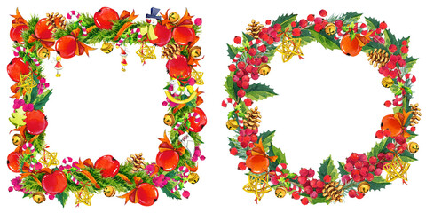 Vintage Christmas wreath frame with red bow and festive ornaments