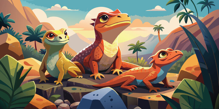 Cartoon illustration of three cute tuataras in a desert in flat vector illustration style but detailed