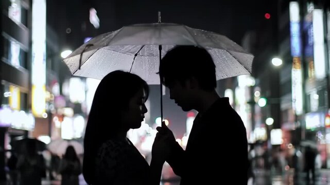 Couple embraces under umbrella in rainy city at night, with illuminated backdrop, for romance