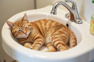 ginger domestic cat lying in bathroom sink. cat in the bathroom. cat sleeping in white sink.