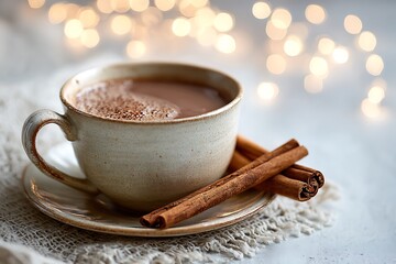 Hot chocolate drink with cinnamon sticks and bokeh lights