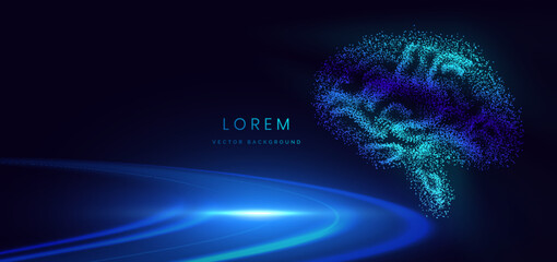 Artificial intelligence brain particle science system on dark background.