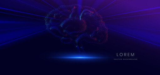 Artificial intelligence brain particle blue and pink science system on dark background. Data network science concept.