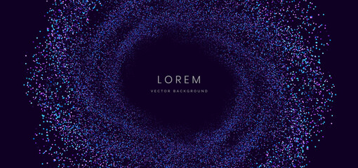 Big data blue and purple dot particle swirl glowing with lighting effect and bokeh on drak bakcground.