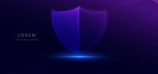 Particle glowing shield medical on dark background. Technology shield icon protec medical, system network, science.