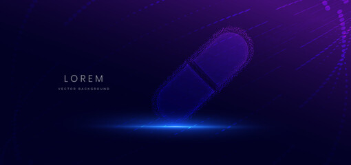 Particle glowing medicine pill icon on dark background. Technology futuristic medical concept.