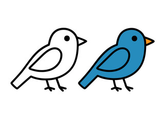 Fototapeta premium Small perched bird with simple rounded wings and beak, shown in outline and colored versions, perfect for spring, nature, or animal-themed coloring pages.
