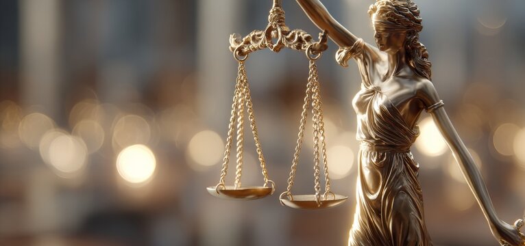 The image shows the Statue of Justice holding scales, symbolizing legal equity and fair judgment.
