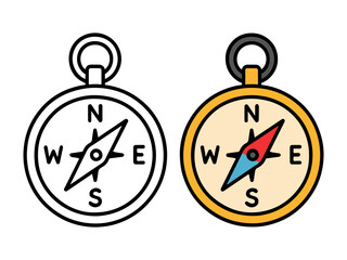 Round navigation compass with directional letters and needle, shown in outline and colored versions, perfect for travel, adventure, or map-themed coloring pages. © Crazy Monday Studio