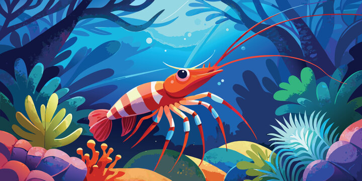 A colorful shrimp swimming in a vibrant underwater coral reef environment