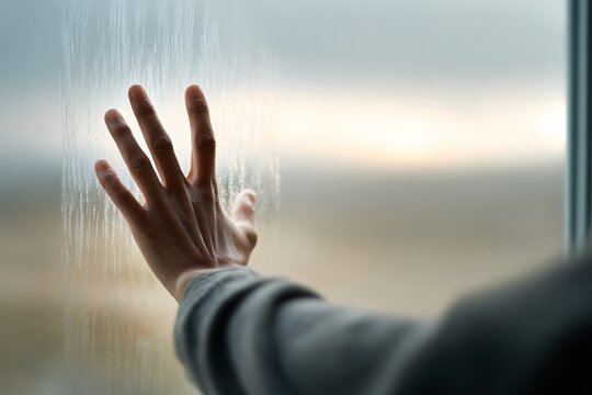 Hand touching window feeling condensation and loneliness