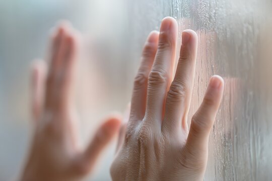 Hand on wet window reflecting sadness and longing