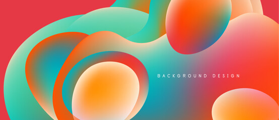 Abstract fluid shapes overlap, creating vibrant color gradients. Red, orange, turquoise hues blend seamlessly. Modern design element.