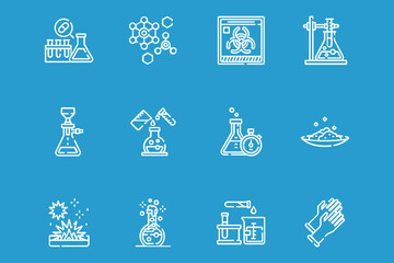 A set of twelve white line icons on a blue background depicting various chemistry and laboratory concepts, experiments, and safety equipment.
