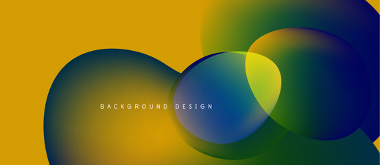 Abstract shapes overlap, creating vibrant color gradients. Yellow, blue, green hues dominate design. Modern aesthetic.