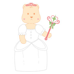 Cute Cartoon Princess Bear Holding Scepter, pastel color hand drawn illustration