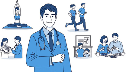 Doctor with stethoscope surrounded by images of healthy activities and family life, promoting wellness and care