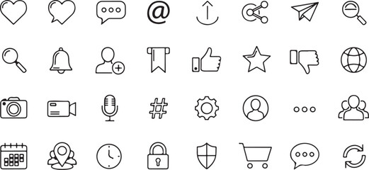Minimalist black line vector icons set for social media and web.