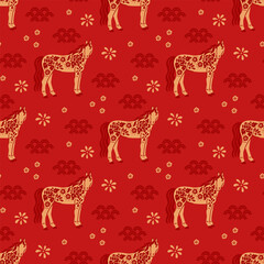 Seamless pattern for Chinese New Year, Year of the Horse. Oriental design with stylized horse, clouds, flowers, fireworks. Asian holiday background of festive animal, zodiac symbol
