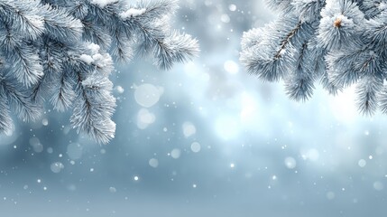 A beautiful winter scene with frost-covered pine branches and a blurred background of snowflakes.